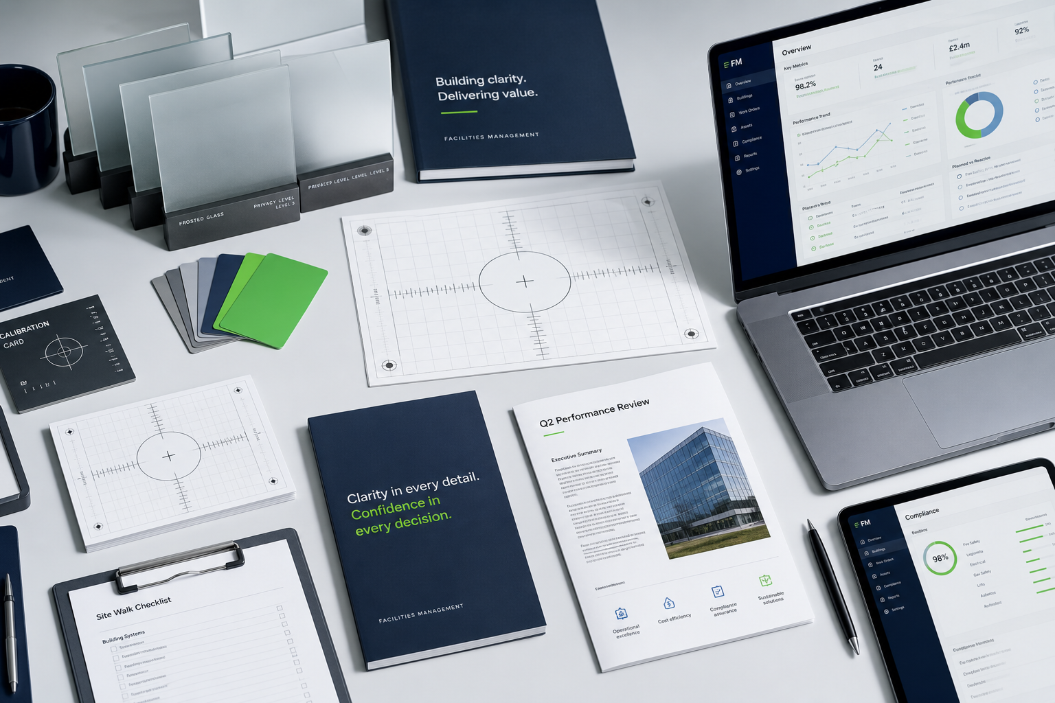 Premium business workspace with calibration boards and clarity planning documents